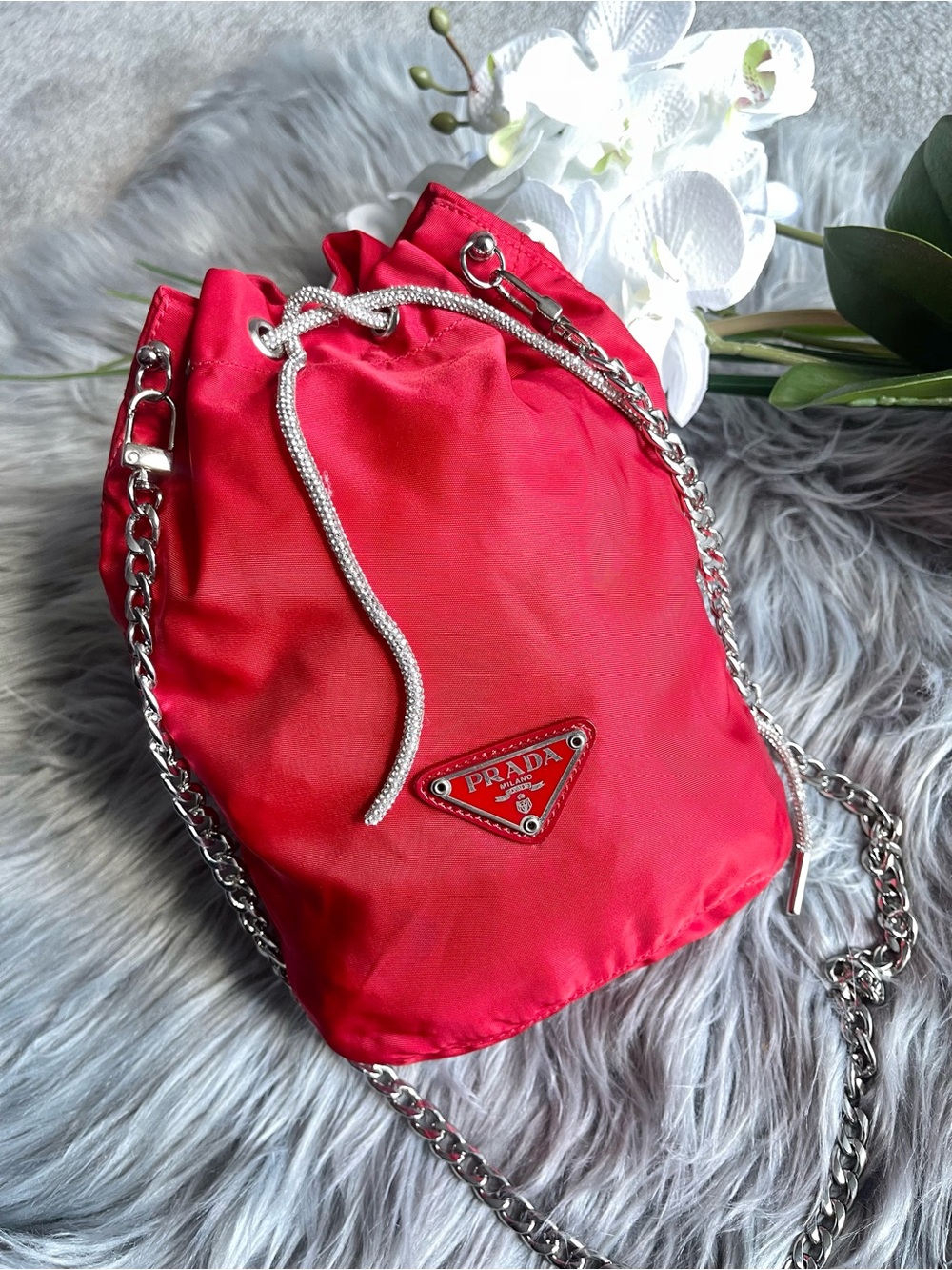 Prada Bright Red Nylon Drawstring Mini Bucket Bag with Silver Chain